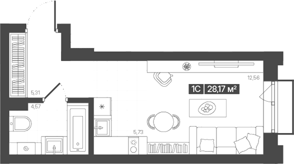 Планировка студии 28.17 м² в ЖК «Моне. Кемерово»