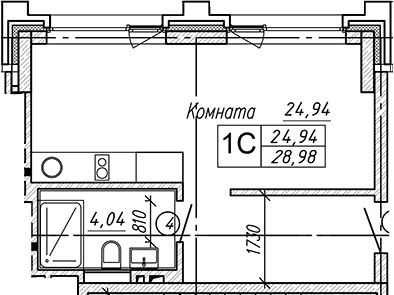 Планировка студии 28.98 м² в ЖК «Апарт-отель Гагарин Сити»