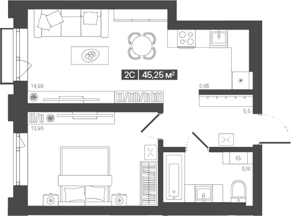 Планировка 2е-к.кв 45.25 м² в ЖК «Моне. Кемерово»