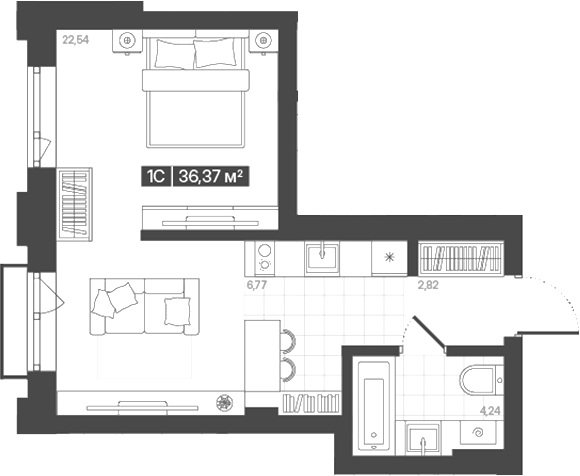 Планировка студии 36.37 м² в ЖК «Моне. Кемерово»
