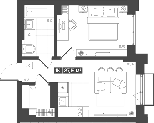 Планировка 1-к.кв 37.19 м² в ЖК «Моне. Кемерово»