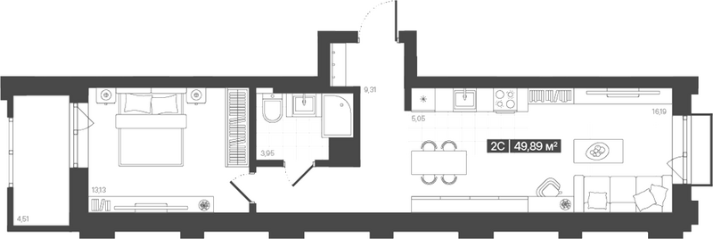 Планировка 2е-к.кв 47.63 м² в ЖК «Моне. Кемерово»