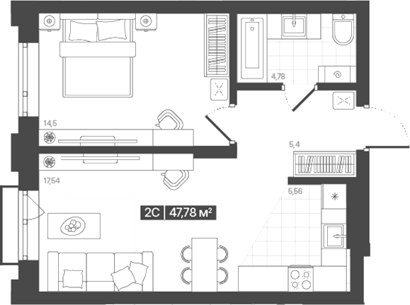 Планировка 2е-к.кв 47.78 м² в ЖК «Моне. Кемерово»