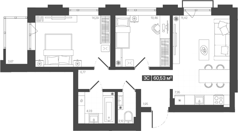 Планировка 3е-к. квартира 58.69 м² в ЖК «Моне. Кемерово»