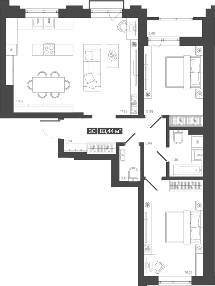Планировка 3е-к. квартира 82.11 м² в ЖК «Моне. Кемерово»