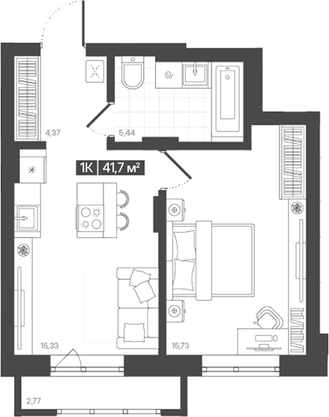Планировка 1-к. квартира 40.87 м² в ЖК «Моне. Кемерово»