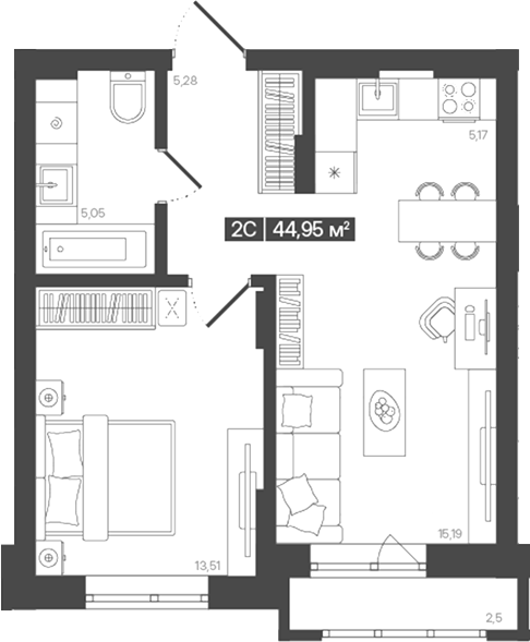 Планировка 1-к.кв 44.20 м² в ЖК «Моне. Кемерово»