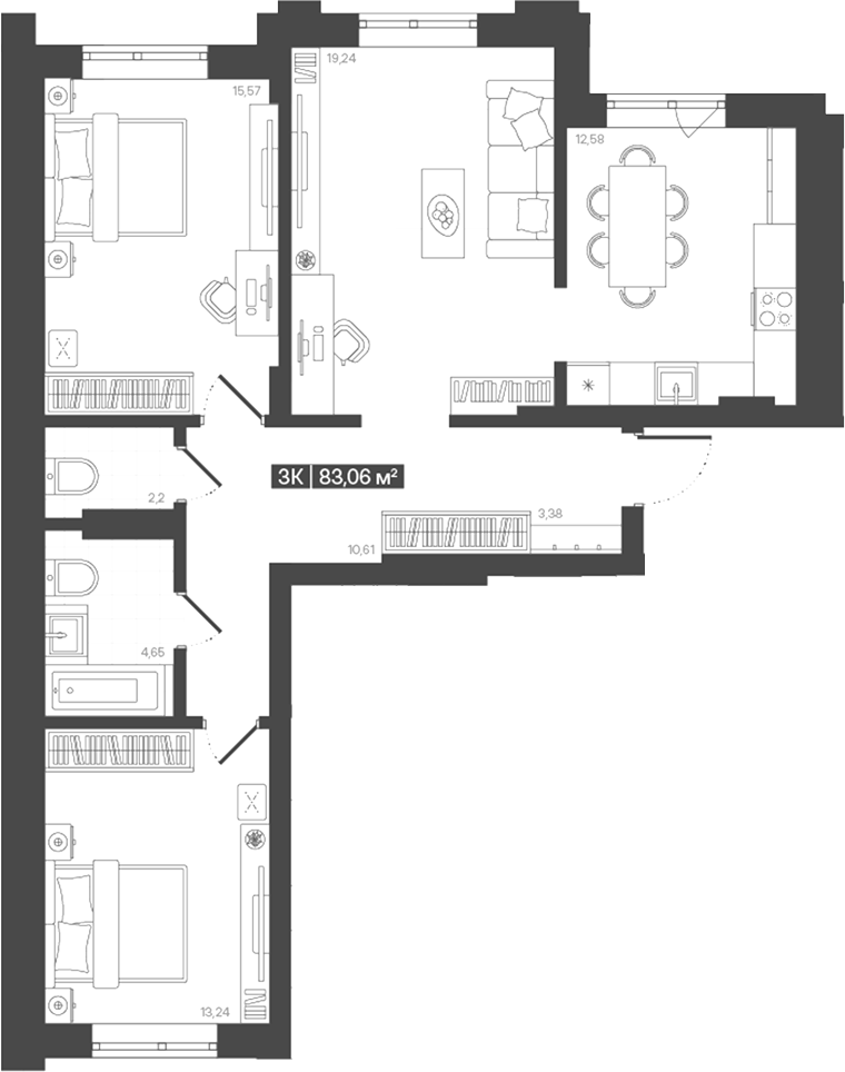 Планировка 3-к. квартира 81.47 м² в ЖК «Моне. Кемерово»