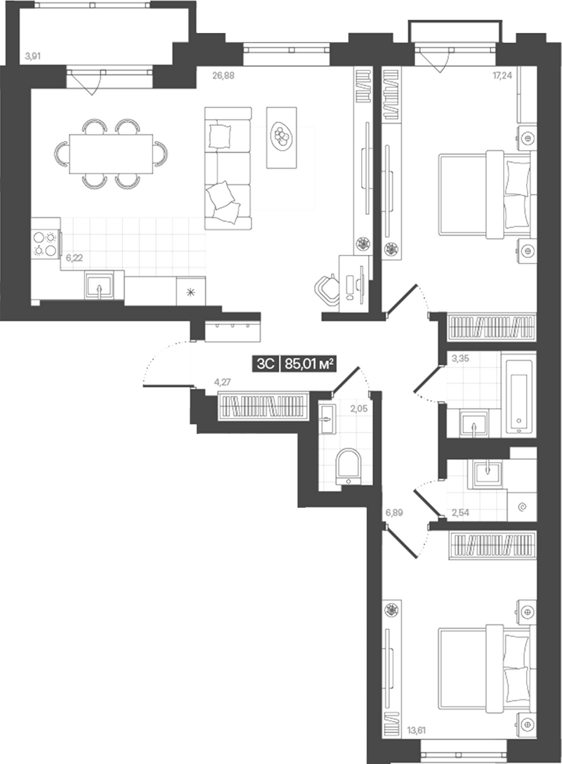 Планировка 3е-к. квартира 83.05 м² в ЖК «Моне. Кемерово»