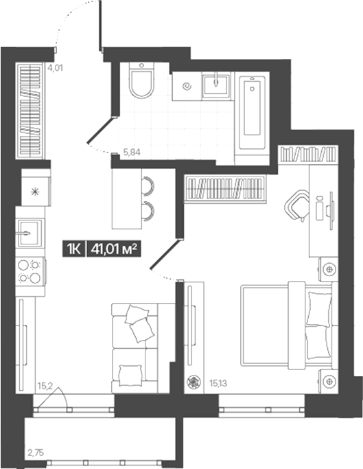 Планировка 1-к.кв 40.18 м² в ЖК «Моне. Кемерово»