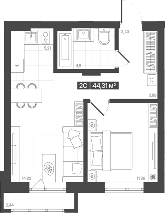 Планировка 2е-к.кв 43.58 м² в ЖК «Моне. Кемерово»