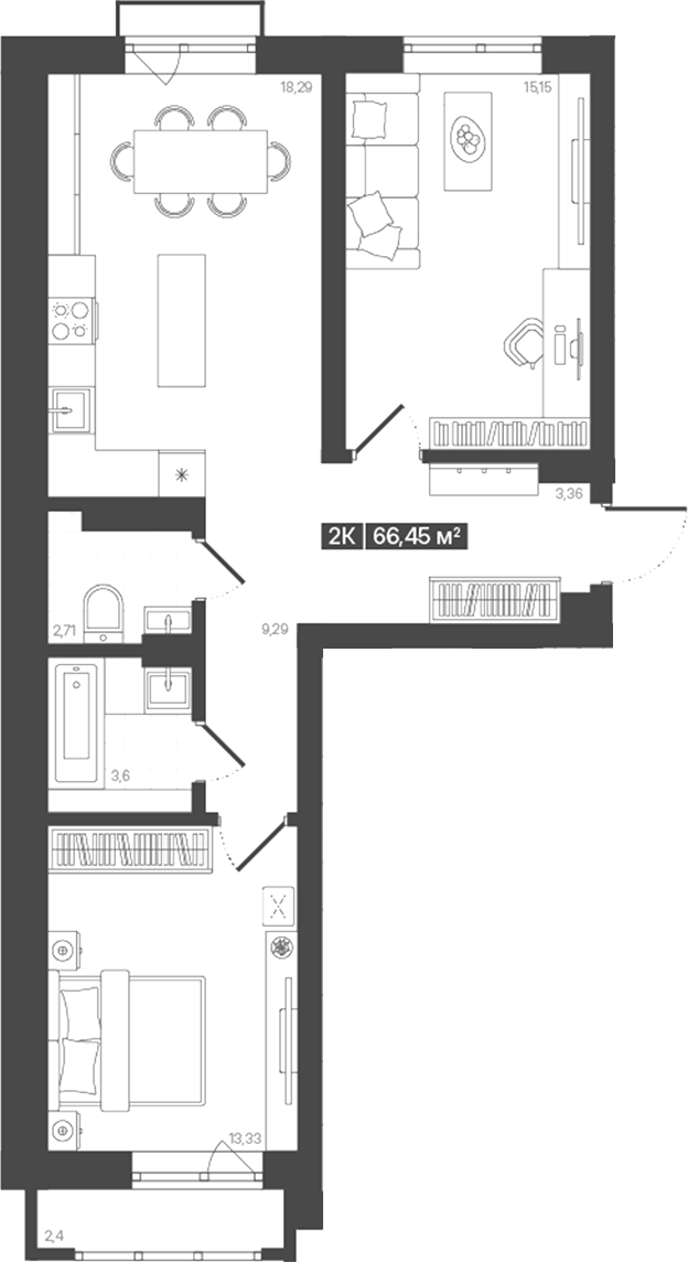 Планировка 2-к. квартира 65.73 м² в ЖК «Моне. Кемерово»
