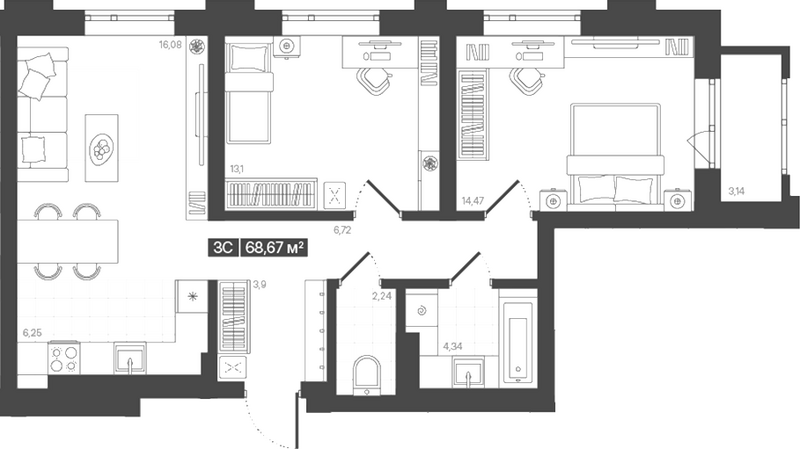 Планировка 3е-к.кв 67.10 м² в ЖК «Моне. Кемерово»