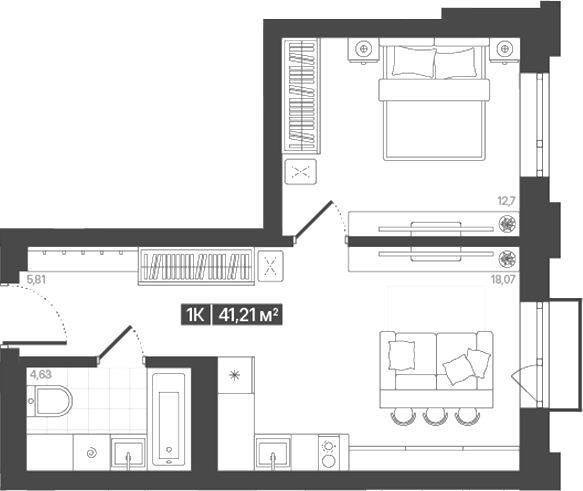Планировка 1-к.кв 41.21 м² в ЖК «Моне. Кемерово»