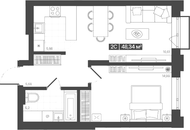 Планировка 2е-к. квартира 48.34 м² в ЖК «Моне. Кемерово»