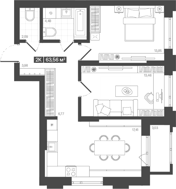 Планировка 2-к.кв 62.04 м² в ЖК «Моне. Кемерово»