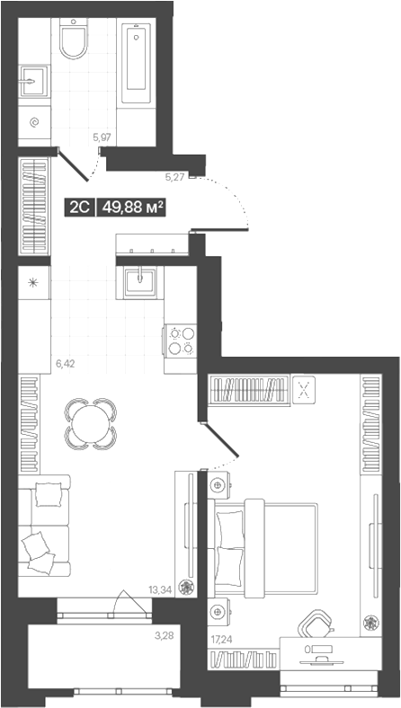 Планировка 2е-к. квартира 48.24 м² в ЖК «Моне. Кемерово»