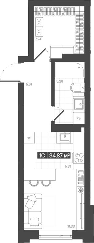 Планировка студия 34.87 м² в ЖК «Моне. Кемерово»