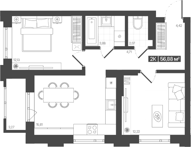 Планировка 2-к.кв 55.24 м² в ЖК «Моне. Кемерово»
