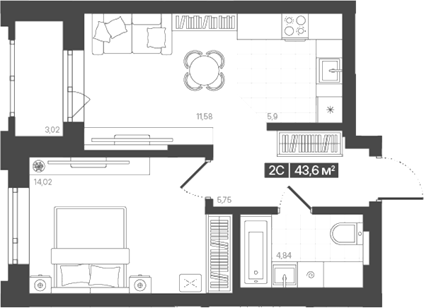 Планировка 2е-к.кв 42.09 м² в ЖК «Моне. Кемерово»