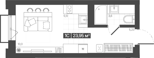 Планировка студия 23.95 м² в ЖК «Моне. Кемерово»