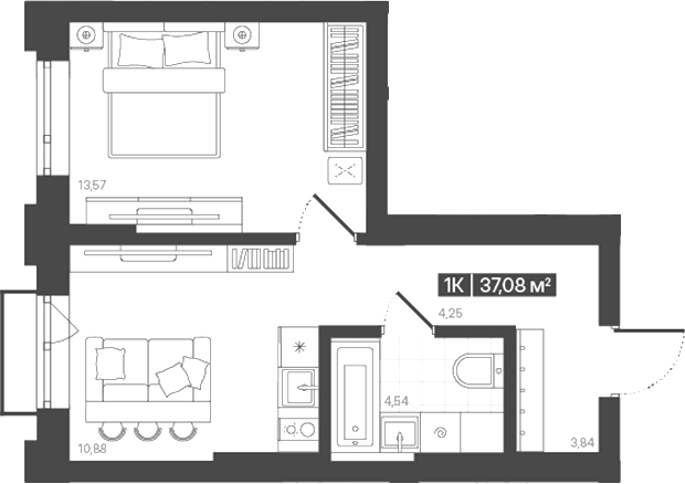 Планировка 1-к. квартира 37.08 м² в ЖК «Моне. Кемерово»