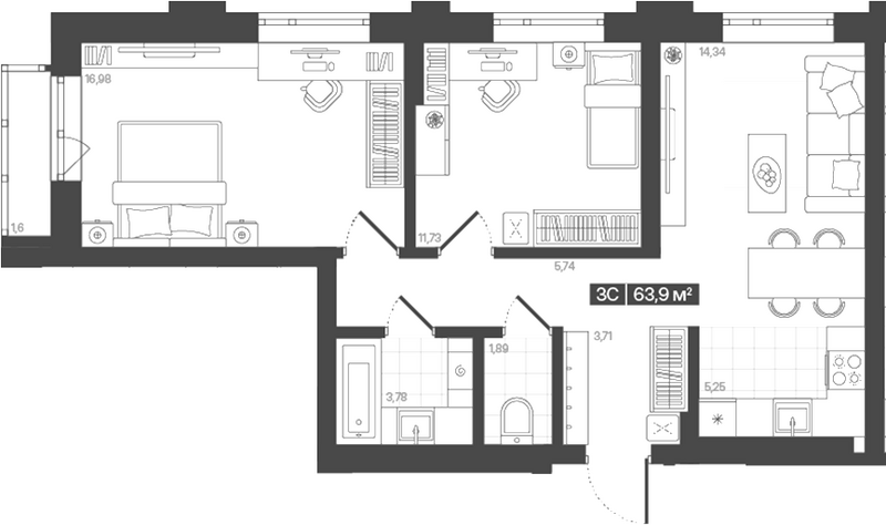 Планировка 3е-к. квартира 63.42 м² в ЖК «Моне. Кемерово»
