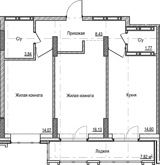 Планировка 2-к.кв 58.84 м² в ЖК «Чацкий»