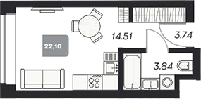 Планировка студии 22.18 м² в ЖК «Аэрон»
