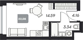 Планировка студии 22.18 м² в ЖК «Аэрон»