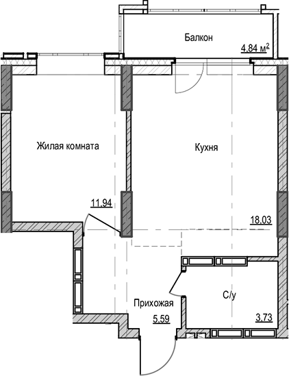 Планировка 1-к.кв 39.29 м² в ЖК «Чацкий»