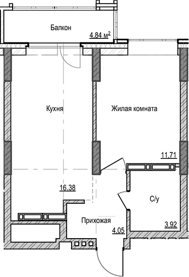 Планировка 1-к.кв 36.06 м² в ЖК «Чацкий»