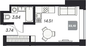 Планировка студии 22.18 м² в ЖК «Аэрон»