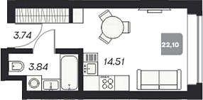 Планировка студии 22.18 м² в ЖК «Аэрон»