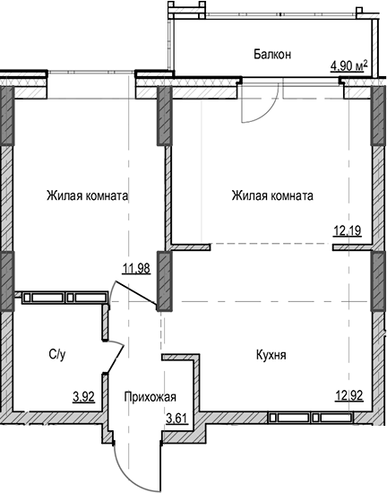 Планировка 2-к.кв 44.62 м² в ЖК «Чацкий»