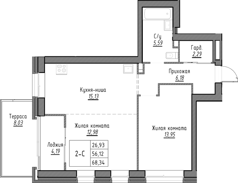 Планировка 2е-к.кв 56.12 м² в ЖК «Тесла парк»