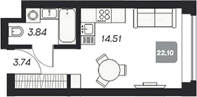 Планировка студии 22.18 м² в ЖК «Аэрон»