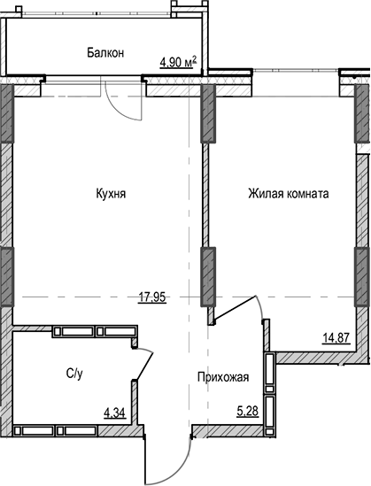 Планировка 1-к.кв 42.44 м² в ЖК «Чацкий»