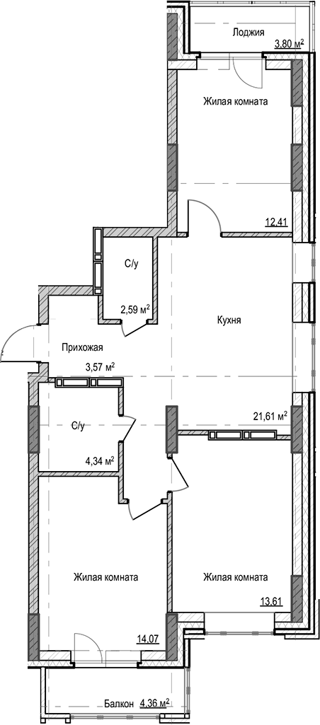 Планировка 3-к.кв 72.20 м² в ЖК «Чацкий»