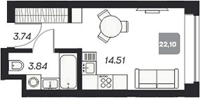 Планировка студии 22.18 м² в ЖК «Аэрон»