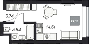 Планировка студии 22.18 м² в ЖК «Аэрон»