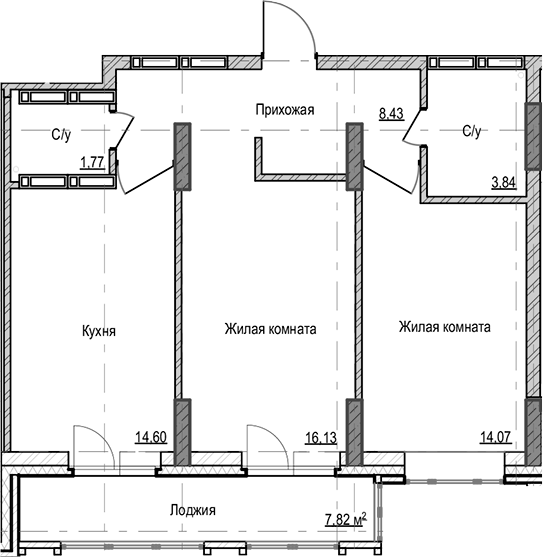 Планировка 2-к.кв 58.84 м² в ЖК «Чацкий»