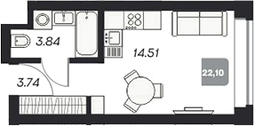 Планировка студии 22.18 м² в ЖК «Аэрон»