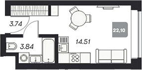 Планировка студии 22.18 м² в ЖК «Аэрон»