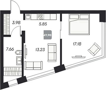 Планировка 2е-к.кв 47.90 м² в ЖК «Аэрон»