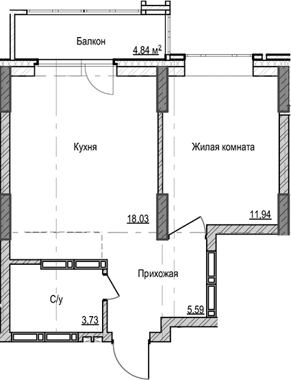 Планировка 1-к. квартира 39.29 м² в ЖК «Чацкий»
