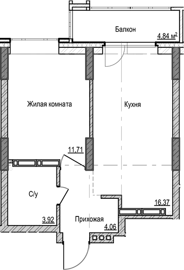 Планировка 1-к.кв 36.06 м² в ЖК «Чацкий»