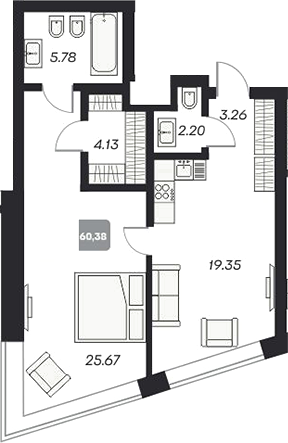 Планировка 2е-к.кв 61.00 м² в ЖК «Аэрон»