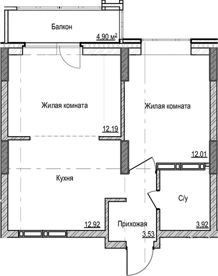 Планировка 2-к.кв 44.57 м² в ЖК «Чацкий»