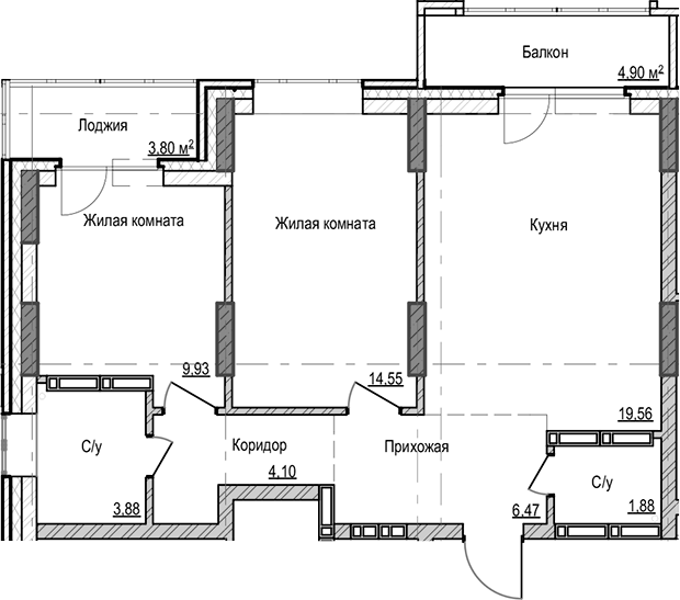 Планировка 2-к.кв 60.37 м² в ЖК «Чацкий»